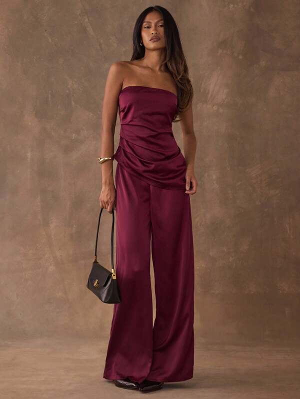 SHEIN BAE Autumn Elegant Commuter Satin Burgundy Asymmetrical Hem Tube Top And Simple Loose Wide-Leg Pants Suit, Elegant Suit,New Year Women's Clothes,Elegant Women's Set,Burgundy Set,Maroon Suit,Party Outfit,Christmas Clothes,Fall Outfits For Women