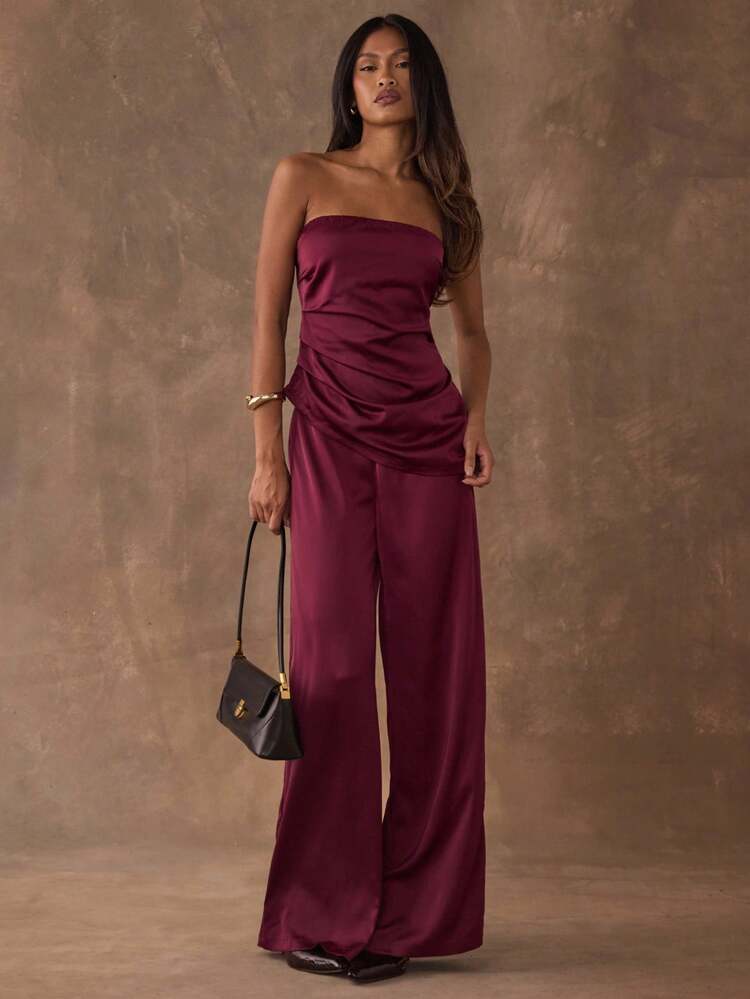 SHEIN BAE Conjunto de Top Tubular e Calça de Cor Sólida Elegante e Assimétrica para Uso Diário no Verão - Vinho - Visão 1