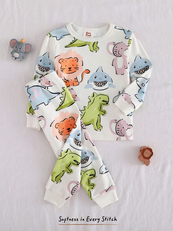Cozy Pixies 2 piezas Conjunto de pijama de niño pequeño con estampado de tiburón y dinosaurio de dibujos animados, de punto suave, cuello redondo, manga larga y pantalón de cintura elástica, ajuste ceñido, apto para otoño/invierno
