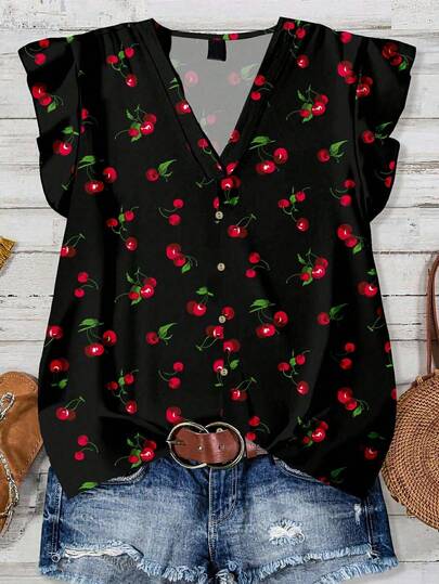 Rusticease Casual & Vacation Style Cherry Print Pattern Black Background Red Cherry Women's Shirt, Minimalist & Suitable For Summer Chic Blouses For Women