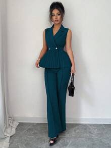 Selianne 2 piezas Conjunto de traje elegante y romántico de mujer con pliegues y línea A sin mangas - Agua verde azul - Ver 3