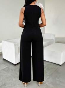 SHEIN Lady Black And White Two-Piece Suit,Summer Elegant Three-Dimensional Flower Top & Wide-Leg Pants,Holiday Dinner Business Casual Outfits For Women Work - Black - View 2