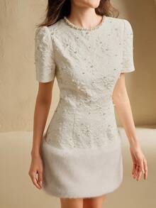 Anewsta Đầm mini dáng chữ A màu trơn, họa tiết hoa 3D, chất liệu jacquard, viền ngọc trai, cổ tròn, vai thường, tay phồng. - Màu be - Xem 1