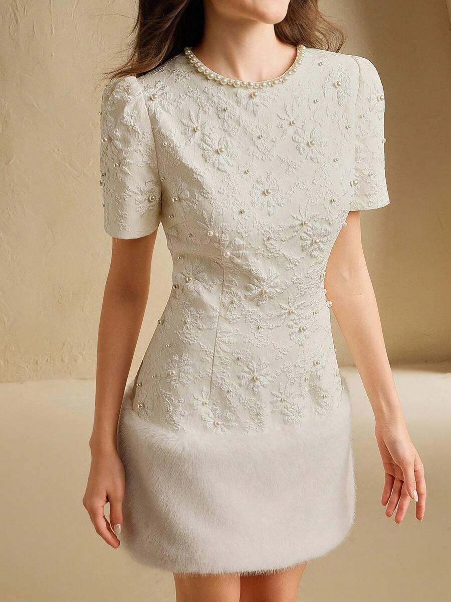 Anewsta Đầm mini dáng chữ A màu trơn, họa tiết hoa 3D, chất liệu jacquard, viền ngọc trai, cổ tròn, vai thường, tay phồng. - Màu be - Xem 1