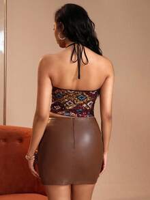 SHEIN PETITE Áo hở lưng đính hạt gợi cảm, cổ yếm, mùa hè - màu đen - Xem 2