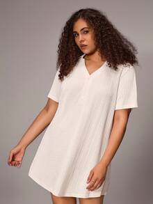 SHEIN Lazeform Loose Textured A-Line Plus Size Nightgown - Beige - View 3