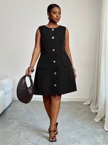 Slaydiva Plus Size Women Elegant Black Sleeveless Dress With Golden Buttons,Semi Formal Summer Bohemian Beach Music Festival,Business Casual Wedding Guest - Black - View 8