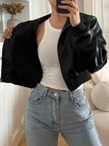 DAZY 女式翻领长袖短/长款 PU 皮革街头休闲夹克 - 黑色 - 查看 4