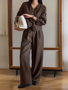 DAZY 女士V领短开衫和直筒裤两件套休闲家居服套装