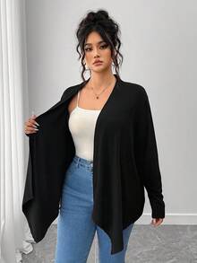 SHEIN PETITE CURVE 大码女式优雅休闲不对称下摆开衫，冬季秋季，黑色，适合女士 - 黑色 - 查看 8