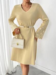 Modelyn Vestido de suéter casual y holgado con cuentas para mujer - Camel - Ver 8