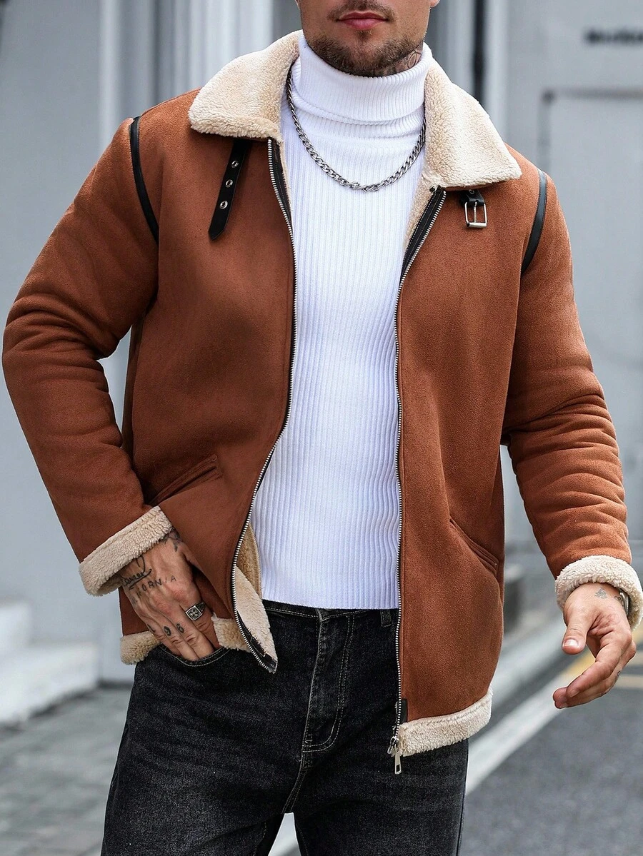 Manfinity CasualCool 男士纯色保暖长袖夹克外套，秋冬季，男士纯色绗缝外套，男士保暖夹克，冬季男士夹克，Gary夹克，保暖内衬夹克，外出浅灰色休闲夹克，送给朋友、丈夫、男友的礼物，男士冬季夹克，羊毛夹克，男士麂皮夹克，棕色夹克，棕色拉链夹克，男士抓绒夹克 - 棕色 - 查看 1