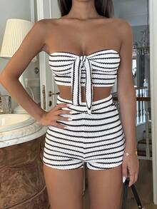 Ronhire Conjunto de 2 piezas con top corto a rayas y shorts de cintura alta para mujeres, apto para vacaciones, citas, el té de la tarde, playa, crucero, viajes a la ciudad, festivales de música, estilo bohemio