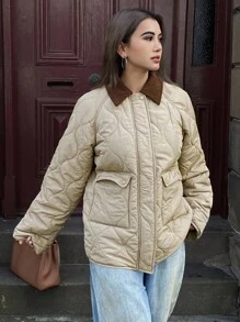 DAZY Women's Colorblock Zip-Up Padded Coat, Autumn/Winter Jacket - Khaki - View 7