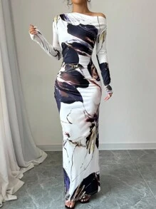 Rafferiza 女士全身印花不对称领口长袖收腰连衣裙长款女装 - 彩色 - 查看 6