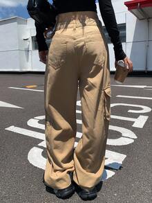 DAZY Women's Fashionable Solid Color Loose Casual Pocket Jeans School - Khaki - View 2