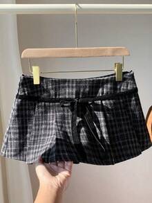 Comfortcana Women's Fashionable Sexy Plaid Print Mini Skirt - Black - View 3