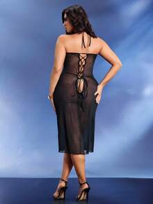 SHEIN 加大码性感内衣连衣裙，透视、网眼拼接、镂空、交叉肩带、系带设计 - 黑色 - 查看 1