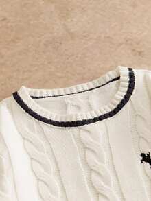 Manfinity BRENVOR 男士休闲绞花针织扭绳刺绣圆领毛衣，秋冬 - 白色 - 查看 3