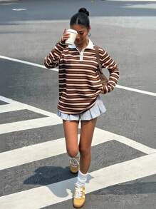 SHEIN EZwear 女式休闲条纹 Polo 领长袖针织 T 恤