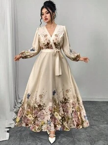 Modelyn Đầm dài họa tiết hoa thanh lịch cỡ lớn, thích hợp để đi làm - Màu be - Xem 1