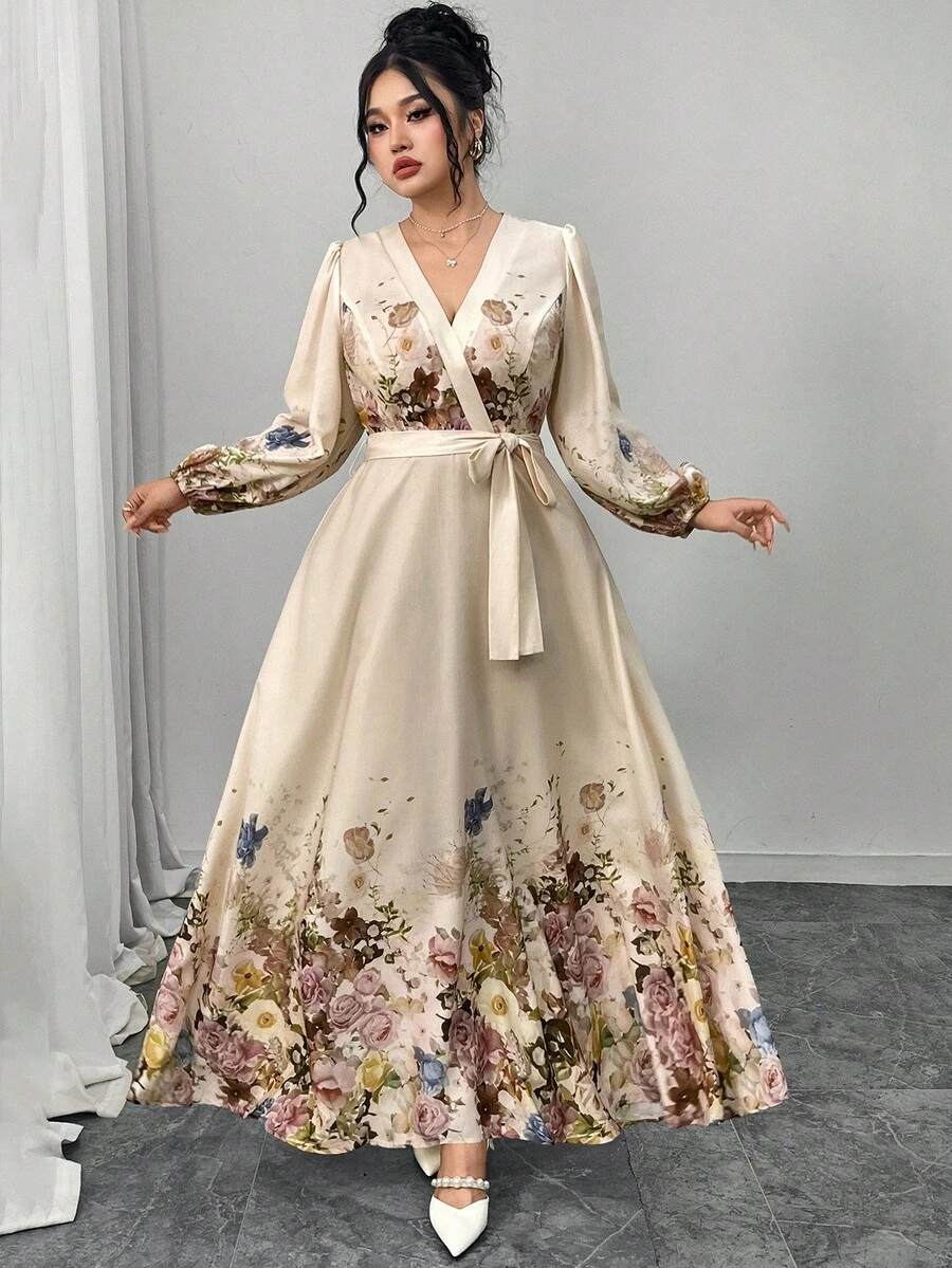 Modelyn Đầm dài họa tiết hoa thanh lịch cỡ lớn, thích hợp để đi làm - Màu be - Xem 1