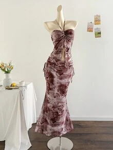 Soleia Spring/Summer Vacation Elegant New Strapless Sleeveless Printed Mesh Top & Pleated Skirt 2 Pieces Set - Multicolor - View 4