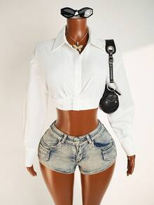 Mistrie Casual Solid Color Cropped Shirt, Spring & Autumn,Long Sleeve Tops Fall Cloth For Women - White - View 1