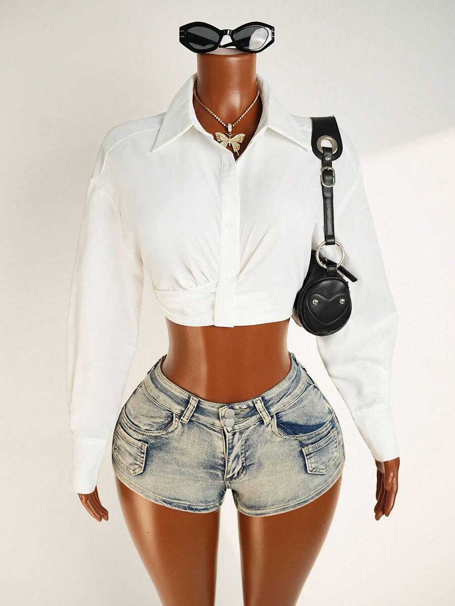 Mistrie Casual Solid Color Cropped Shirt, Spring & Autumn,Long Sleeve Tops Fall Cloth For Women - White - View 1