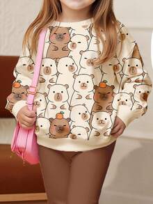 SHEIN 2 pièces Ensemble Sweat-shirt-shirt à manches longues col rond ample et pantalon évasé, couleur crème abricot, motifs mignons de capybara et orange, convient pour l'automne/l'hiver. Tenues décontractées pour un confort facile, couches automnales pour enfants, vêtements graphiques pour enfants, convient pour la maison, les sorties, l'école, les pique-niques, les fêtes de costumes d'animaux. - Multicolore - Voir 3