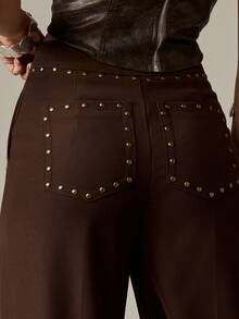 MISSGUIDED Wide Leg Dress Pants High Waisted Studded Detail Tailored Trousers Formal Office Professional Business Sophisticated Stud Accent Western Party Evening - Coffee Brown - View 6