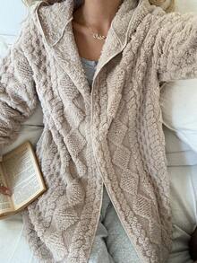 SHEIN Teen Girl Textured Fleece Hooded Zip-Up Jacket Hooded Cardigan Sweater Teddy Cardigan Fuzzy Cardigan Sherpa Cardigan Plush Cardigan Fall Winter