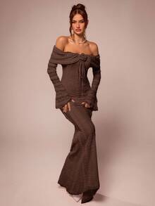 SHEIN BAE 茶歇装 甜美优雅长裙 露肩长袖连衣裙 约会装 3D花裙 - 咖啡棕 - 查看 7