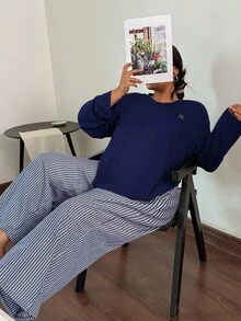 SHEIN 2pcs Women Plus Size Letter Embroidered Knit Crew Neck Long Sleeve Top And Woven Striped Pants Pajama Set Lounge Wear Set Pajama Set Pajama Set, Fall Winter Clothes, Cozy Outfits - Navy Blue - View 3