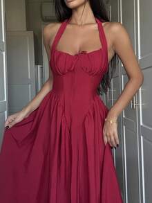 Ronhire Vestido feminino com decote halter e laço franzido, trajes de festa femininos em vermelho, trajes de véspera de Ano Novo, vestido de baile de máscaras, trajes de aniversário femininos, vestido vermelho sexy, vestido com laço, vestido de princesa feminino para o Ano Novo - Vermelho - Ver 3