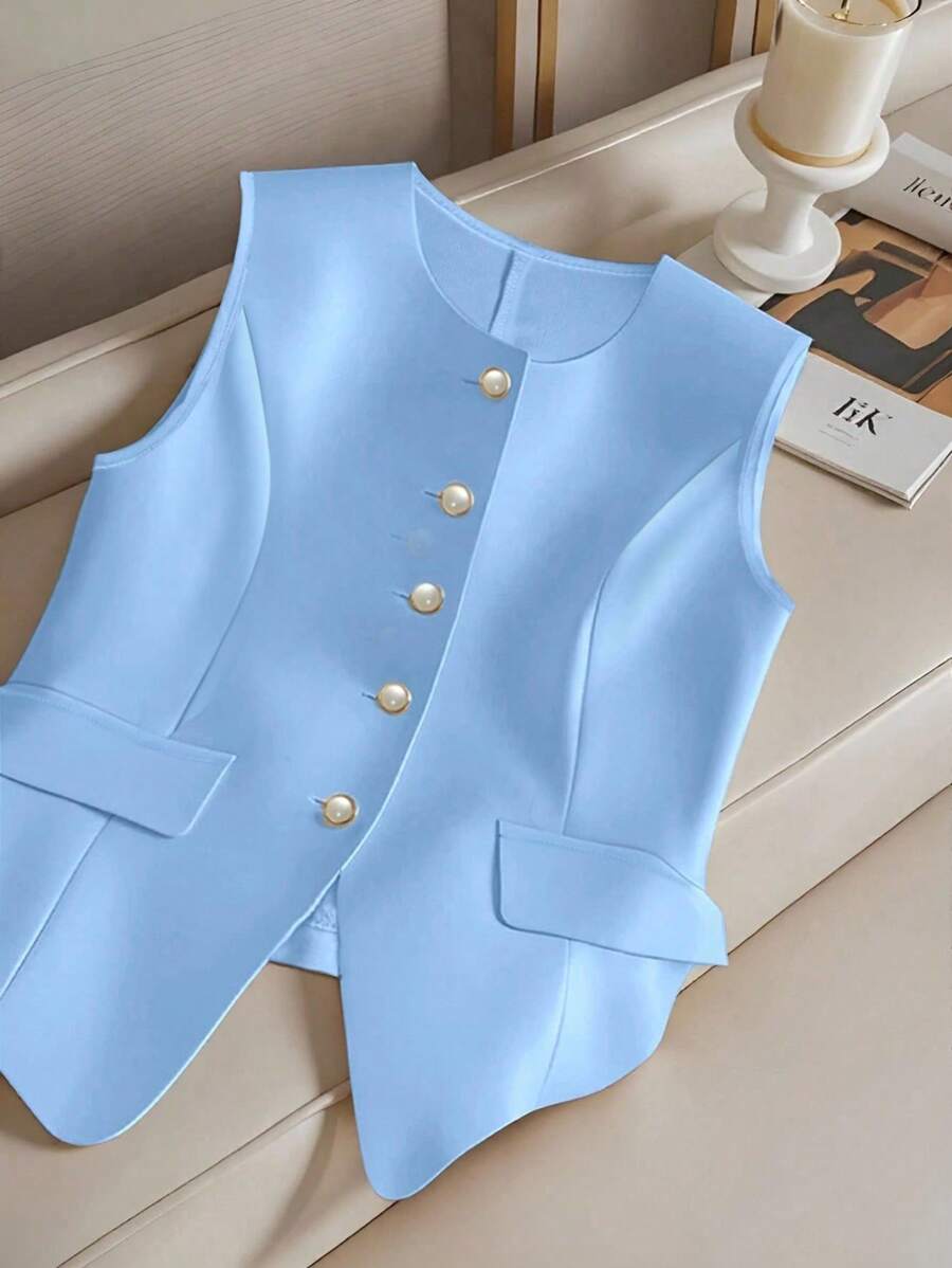 Franclia Femme Mode Blouse sans manches à simple boutonnage avec taille seyante et fausse poche, polyvalent pour un port quotidien - Bleu azur - Voir 1