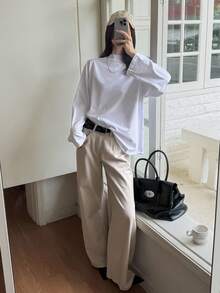 DAZY 女士宽松商务休闲基本款纯色长袖T恤，秋冬 - 白色 - 查看 6