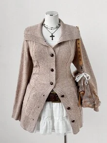 Sunspun Plus Size Women's Solid Color Turndown Collar Long Front Button Pocket Knitted Cardigan Sweater, Suitable For Autumn/Winter And Back To School Season Vintage Fall Cloth For Women