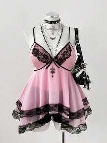 Sunspun 新款优雅外出上衣，带蝴蝶结、蕾丝边和蝴蝶结吊带背心，荷叶边下摆短款背心，女士 - 粉色 - 查看 2