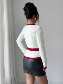 Elenzga Women's Contrast Red Trim Knit Sweater With Belt, Versatile And Fashionable