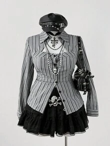 Sunspun Plus Size Women Vintage Elegant Striped Waist Shirt Halloween - Black - View 8