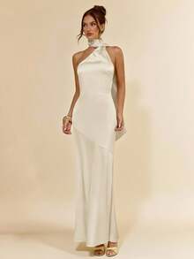 SHEIN BAE Váy xòe lệch vai hở lưng bằng vải satin trơn màu vàng tối giản gợi cảm mùa xuân và mùa hè, thích hợp cho tiệc tùng, cocktail, những dịp trang trọng, phù dâu, sinh nhật - Màu be - Xem 5