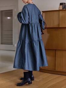 DAZY Women's Loose Fit Round Neck Long Sleeve Denim Dress, Casual & Youthful - Medium Wash - View 3