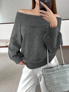 SHEIN Teen Girls Sweaters Casual Off Shoulder Girl Solid Color Long Sleeve Sweater,Off The Shoulder Sweater,Grey Sweater,Fall Sweaters,Fall Girl Sweaters,Girl Sweaters,Fall Sweaters,Fall Outfit,Outgoing,Off Shoulder Top Gray Top Winter