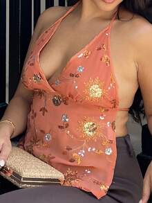NegzBox Top tipo camiseta de tirantes sin espalda con cuello halter, diseño especial con tejido bordado, para vacaciones de verano en estilo bohemio - Marrón - Ver 5