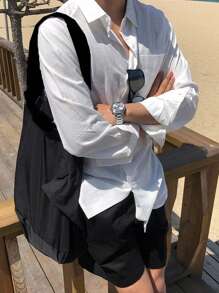 DAZY 男士贴袋亚麻衬衫，秋季服装长袖男士衬衫 - 白色 - 查看 6