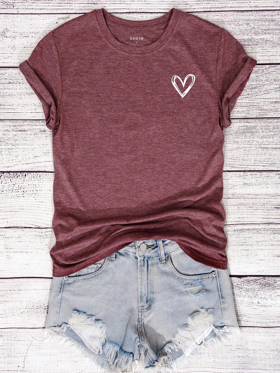 INAWLY Tricou damă cu mânecă scurtă și imprimeu cu inimă, guler rotund, stil casual, stil obișnuit - Lemn rosu - Vizualizare 1