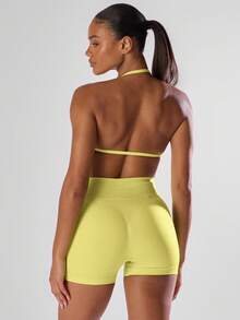 Musera Sport 纯色褶皱露背吊带运动文胸，适合运动、健身房、跑步、俱乐部、板式网球、网球、匹克球、瑜伽、普拉提、健身、日常休闲等场合，舒适自在。 - 黃色 - 查看 2