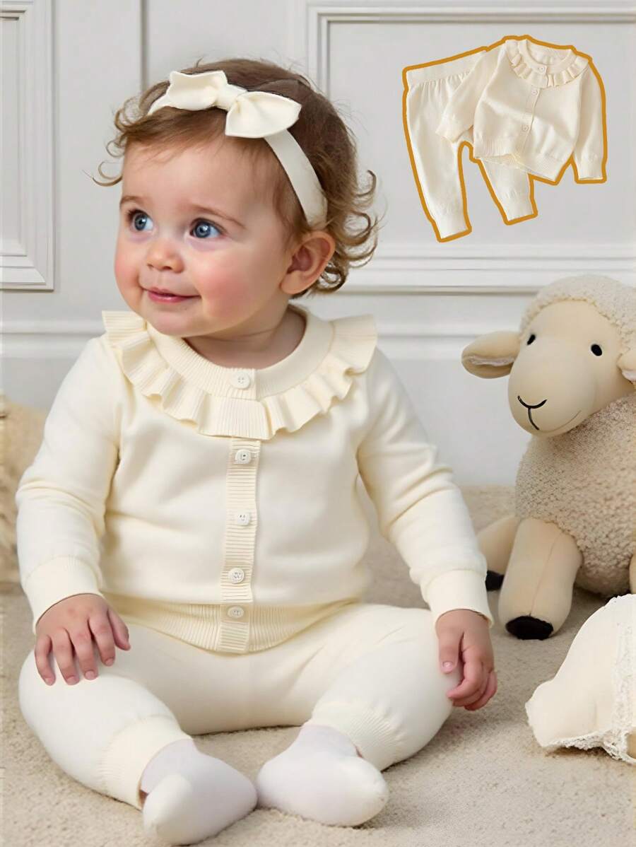 SHEIN 女婴秋冬针织套装 - 甜美法式时尚荷叶边领、开衫和裤子，适合日常/旅行穿着