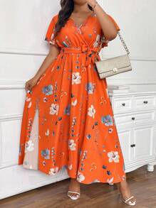 SHEIN Privé Plus Size Summer Vacation V-Neck Loose Flare Dress With Random Print And Side Slit Tie, For Women,Sun Dresses For Women - Orange - View 5